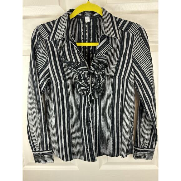 Spense Ruffled Collared Striped Shirt Black Gray cottagecore coquettish M 50-26 - Picture 15 of 15